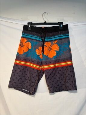 burnside Orange & Teal Floral Stripe Swim Shorts size 28